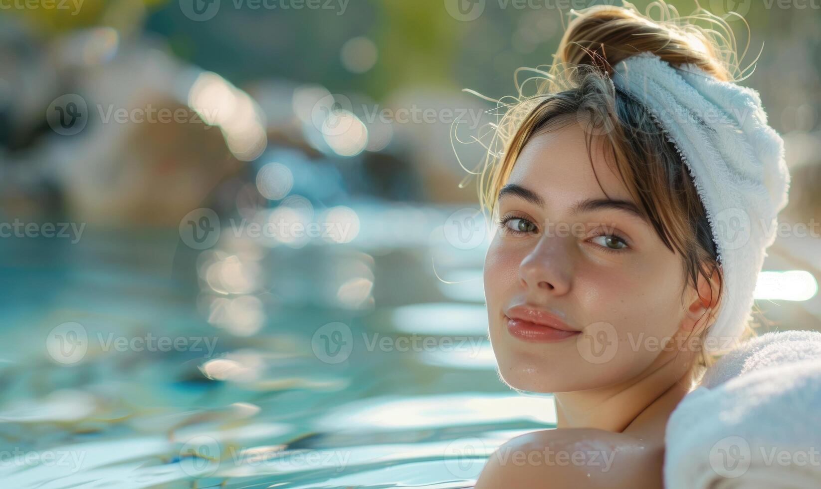 AI generated Portrait of young beautiful woman relaxing in swimming pool at spa resort photo