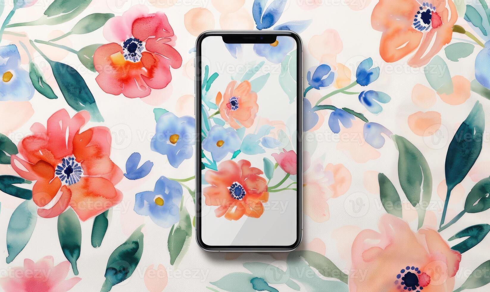 AI generated Smartphone mockup on watercolor floral patter photo