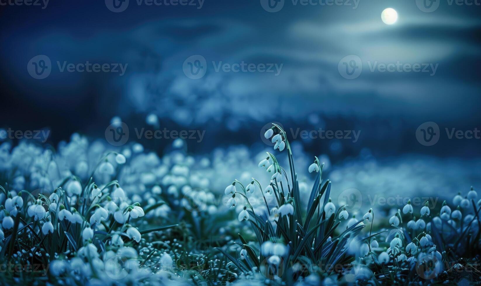 AI generated Snowdrops in a meadow under the moonlight photo