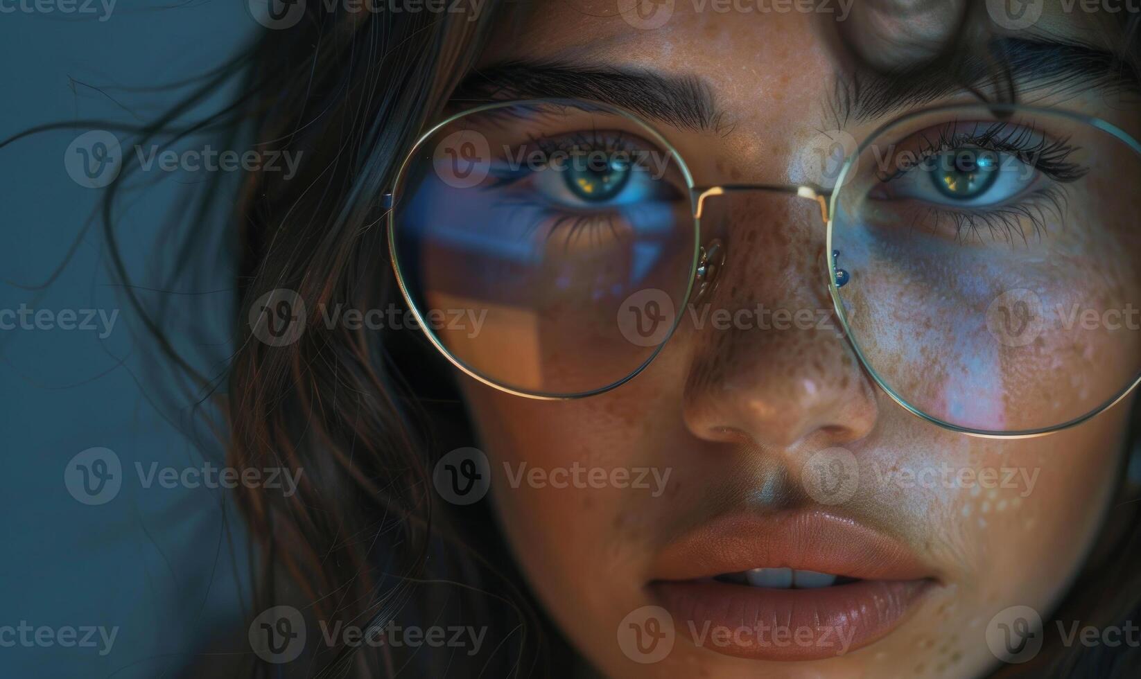 ai generado retrato de un joven mujer en lentes. de cerca. foto