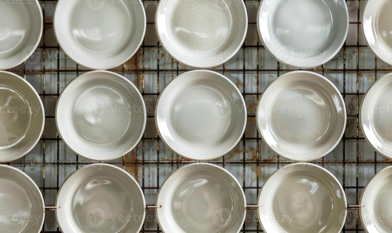 AI generated Ceramic tableware, top view of empty bowls and saucers photo