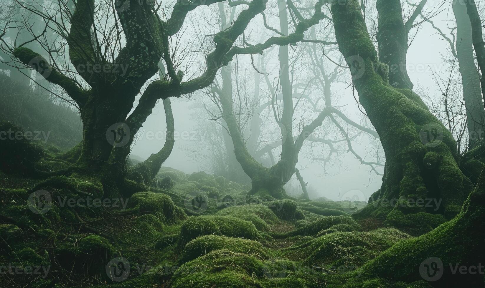 AI generated Mysterious dark forest with mossy trees and fog in the background photo