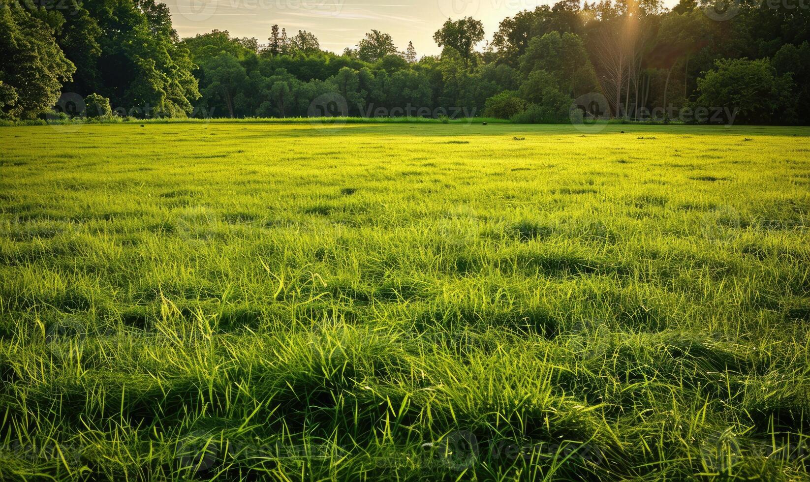 AI generated Sunlit green meadow, spring meadow background photo