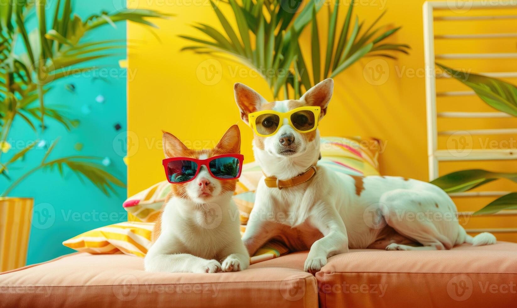 AI generated Dog and cat in sunglasses on sofa in room with tropical plants and flowers photo