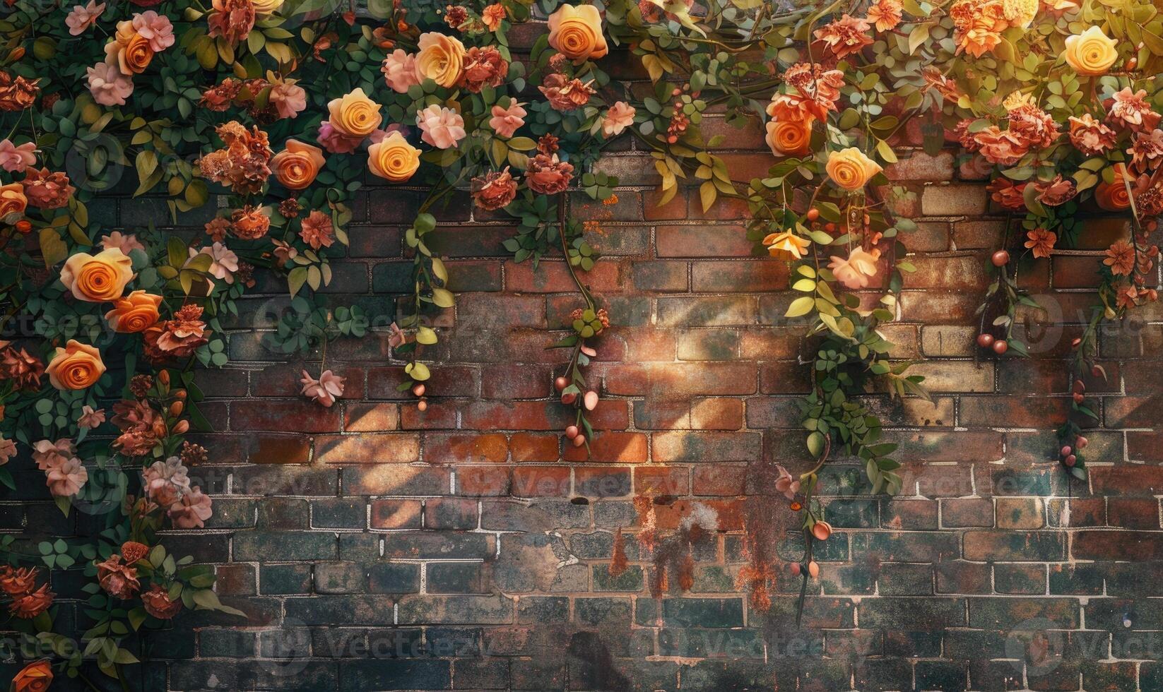 AI generated Beautiful roses on brick wall background with copy space. photo