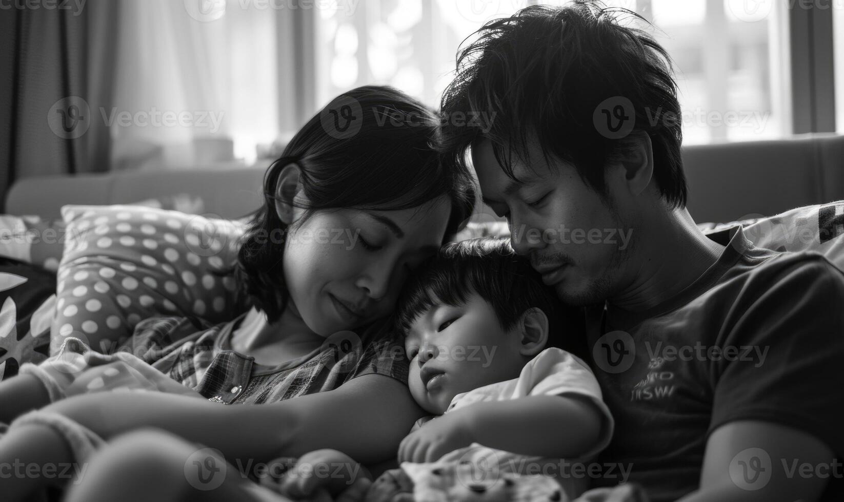 AI generated Black and white image of family at home. Mother, father and child. photo