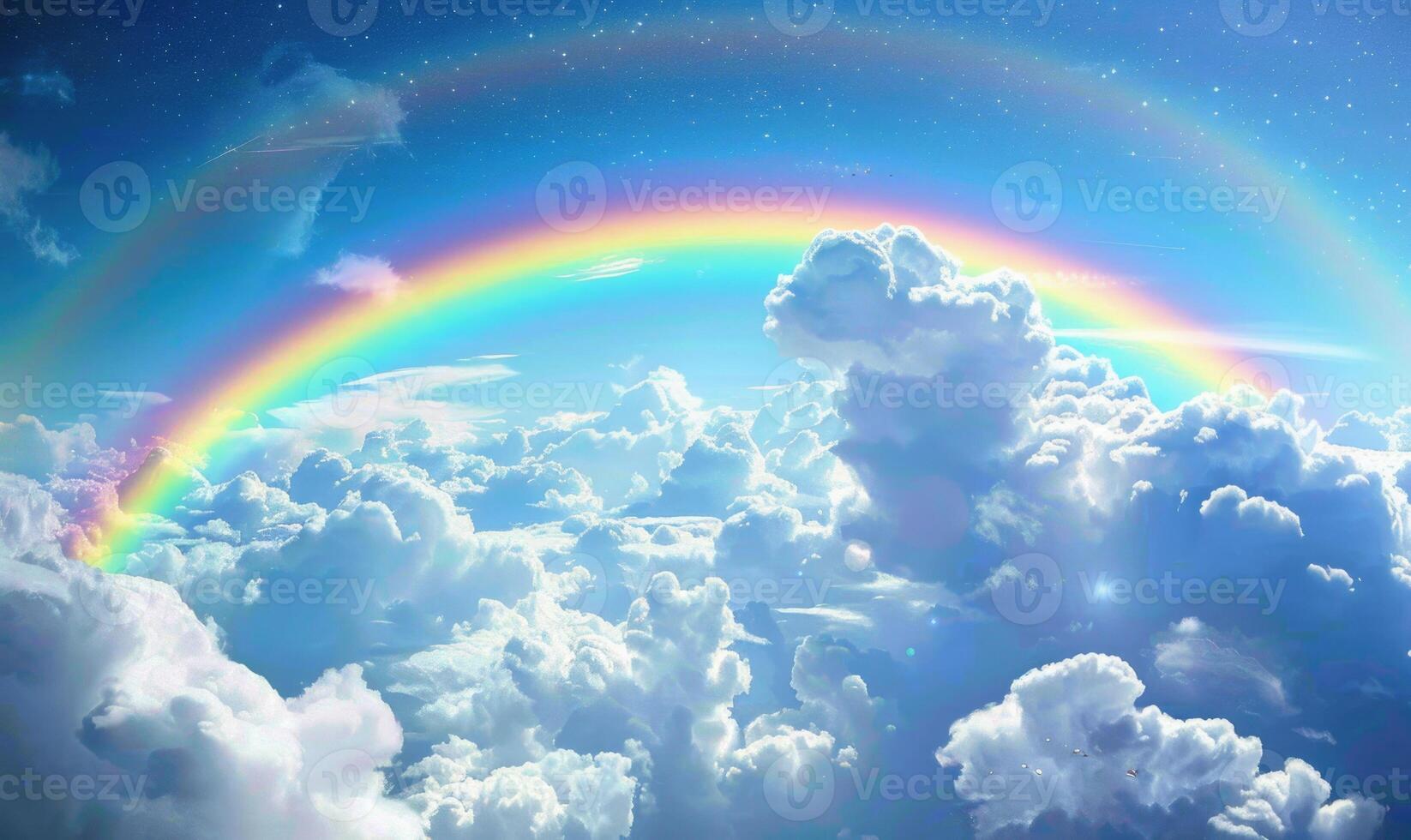 AI generated Rainbow in the blue sky with clouds and rainbow. photo