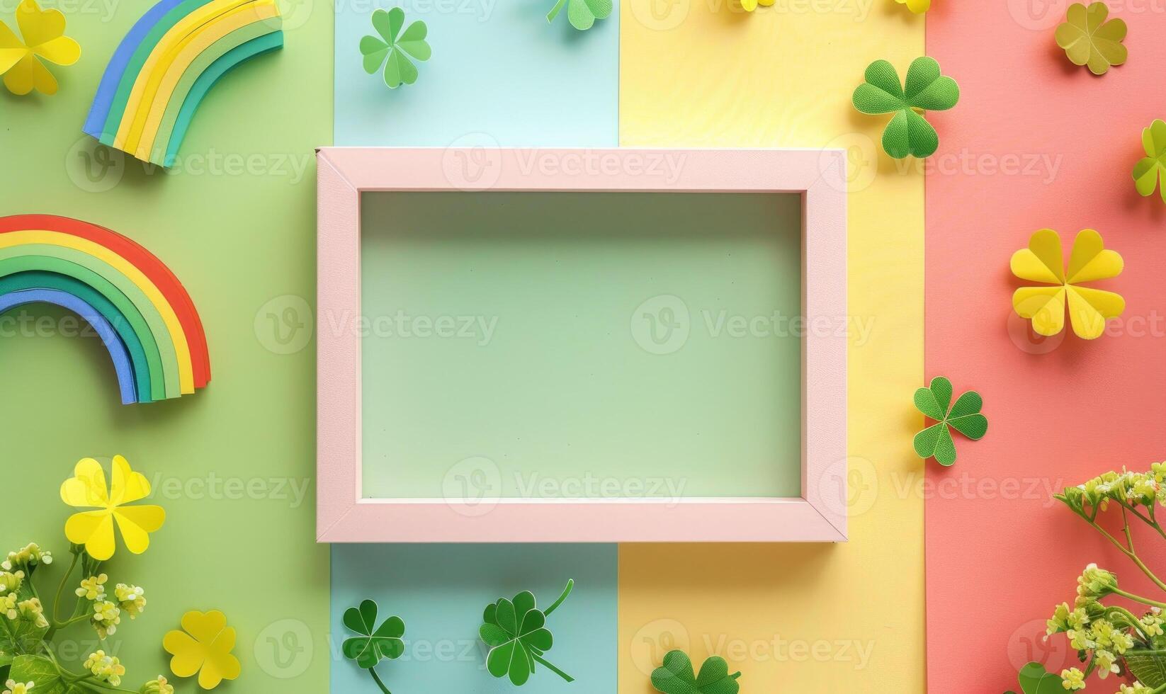 AI generated Happy St. Patrick's Day background with shamrock, frame and rainbow photo