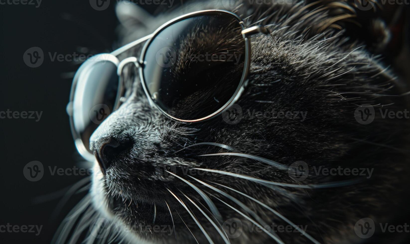 AI generated Close up of cat wearing sunglasses on black background, shallow depth of field photo
