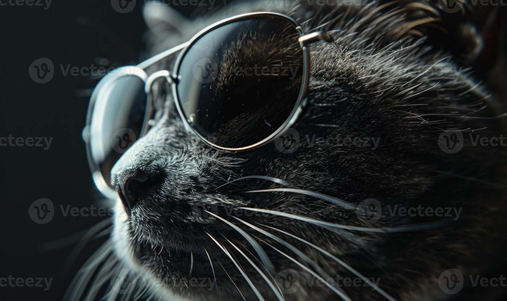 ai generado cerca arriba de gato vistiendo Gafas de sol en negro fondo, superficial profundidad de campo foto