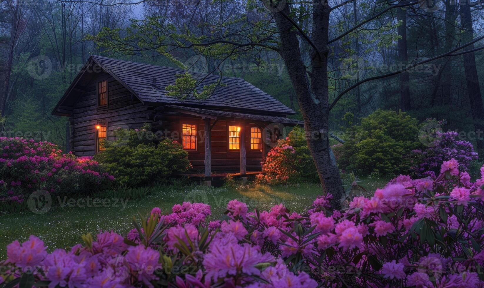 AI generated Evening glow illuminating the facade of a stylish wooden cabin nestled among blooming azaleas and rhododendrons in a spring garden photo