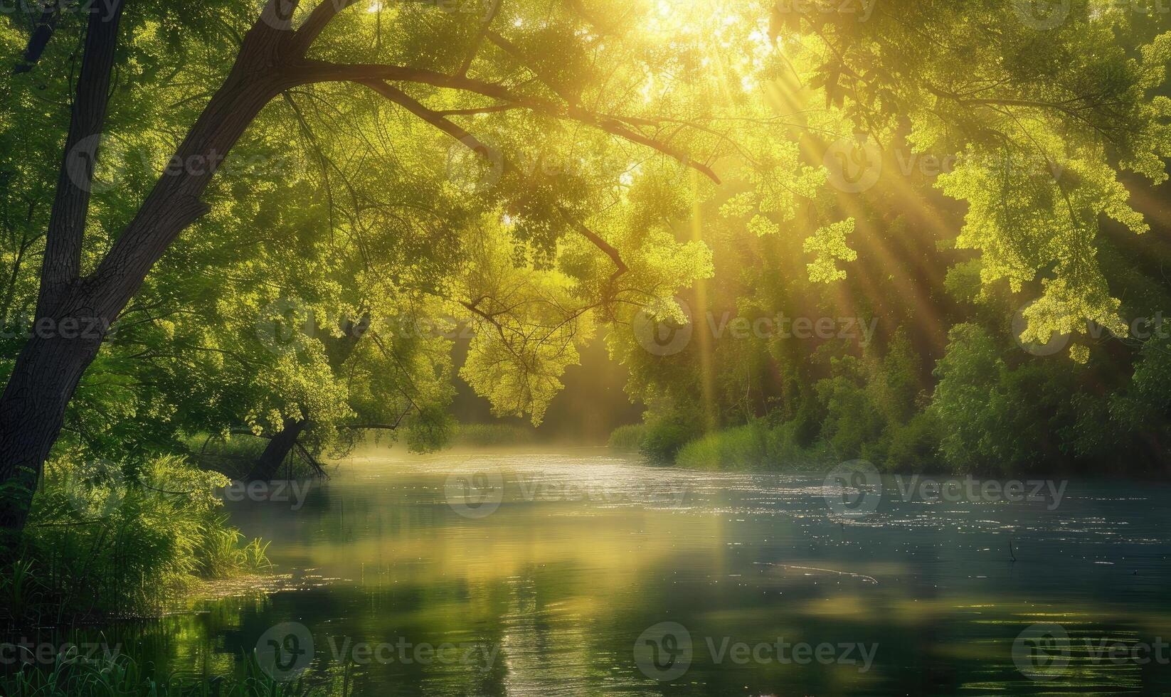 ai generado luz de sol filtración mediante el arboles sobre un sereno primavera río foto