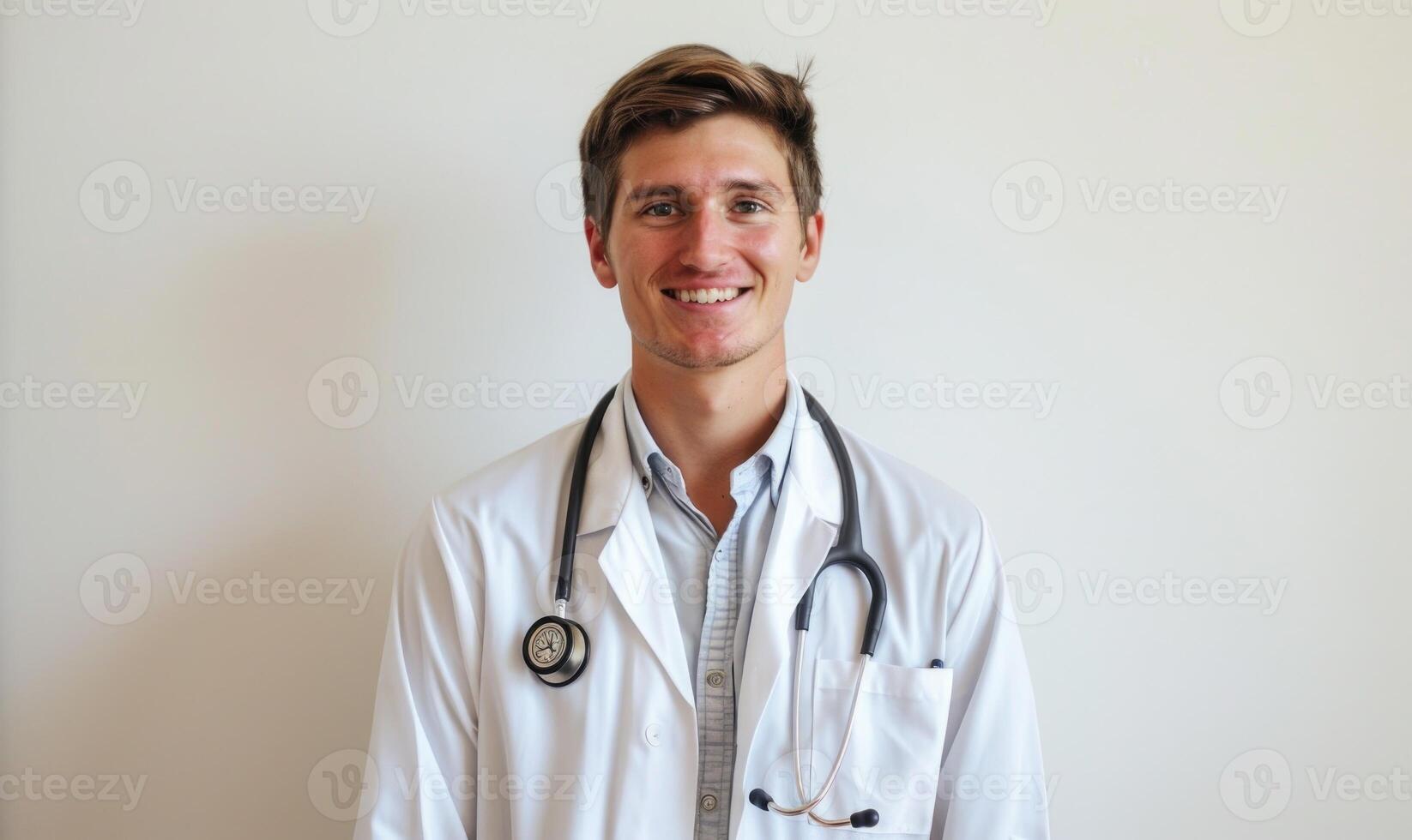 ai generado retrato de joven masculino médico con estetoscopio en blanco antecedentes foto