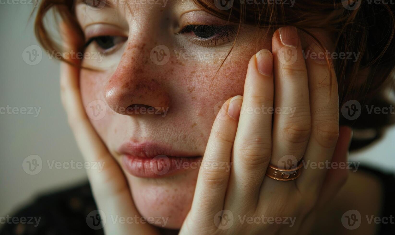 AI generated Portrait of a young woman with freckles on her face. woman holding her face photo