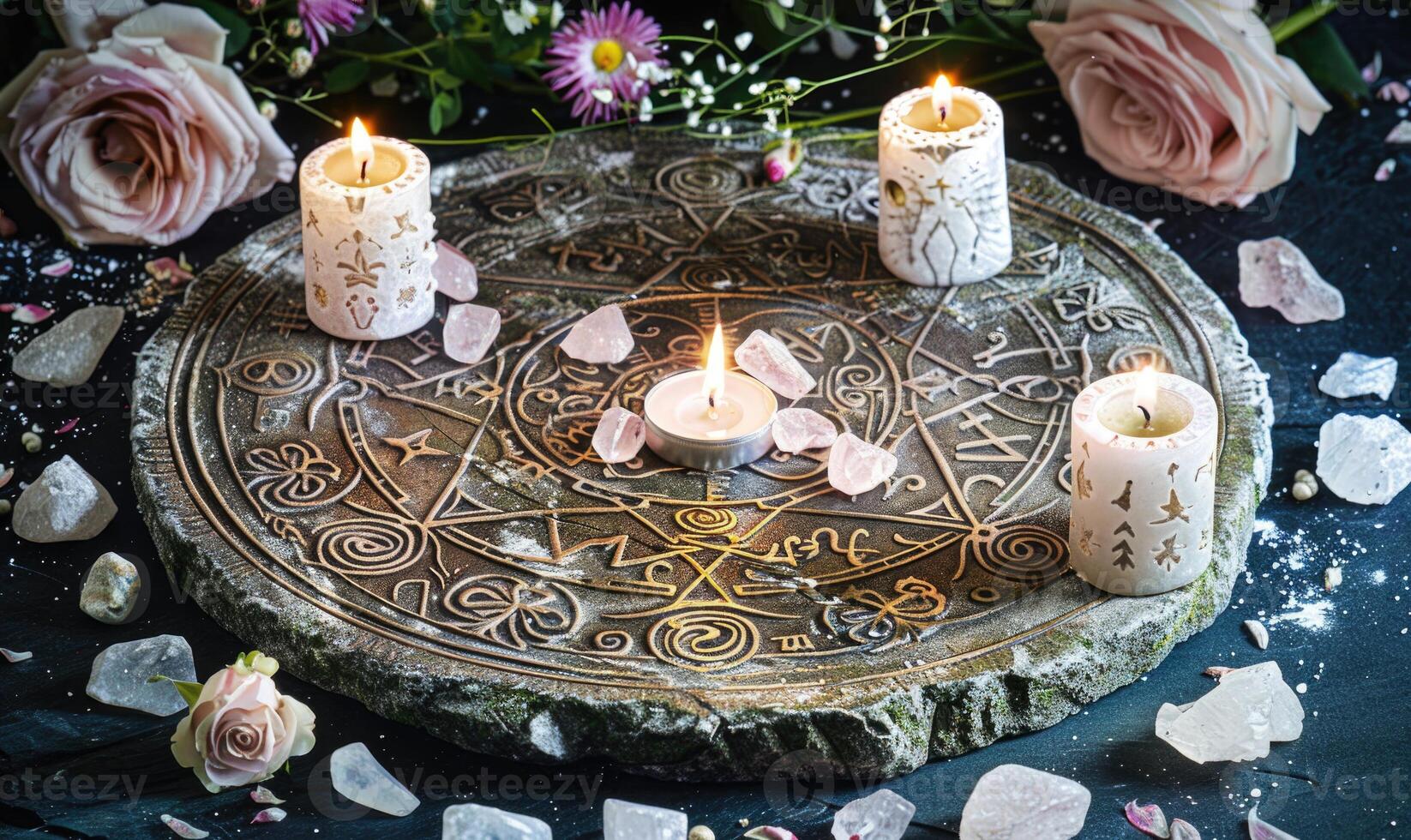 AI generated Ancient astrological sign of Zodiac and burning candles on a dark marble background photo