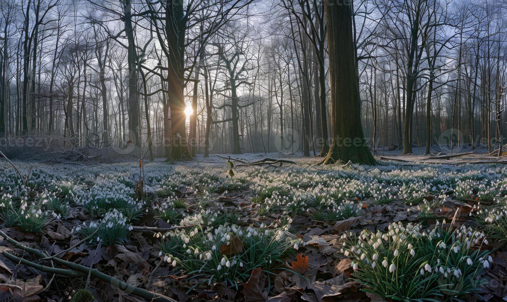 AI generated Snowdrops in a forest clearing, spring nature background photo