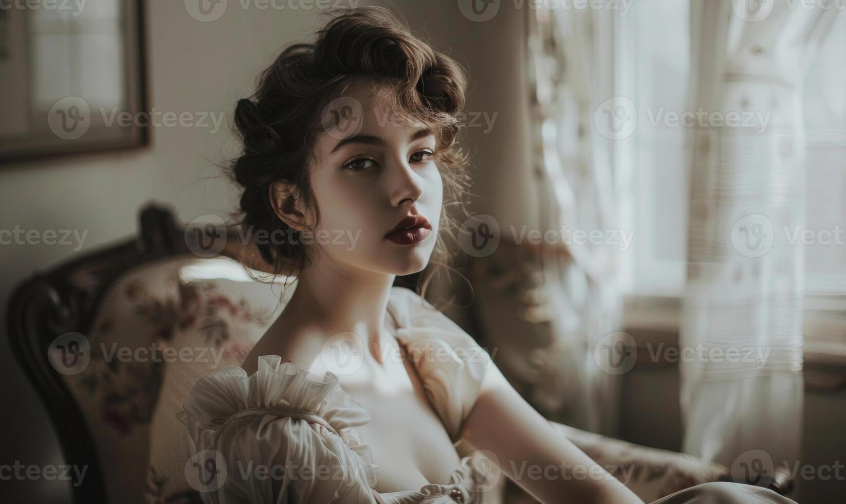 AI generated Portrait of a beautiful girl in the interior of the house. Vintage style portrait photo