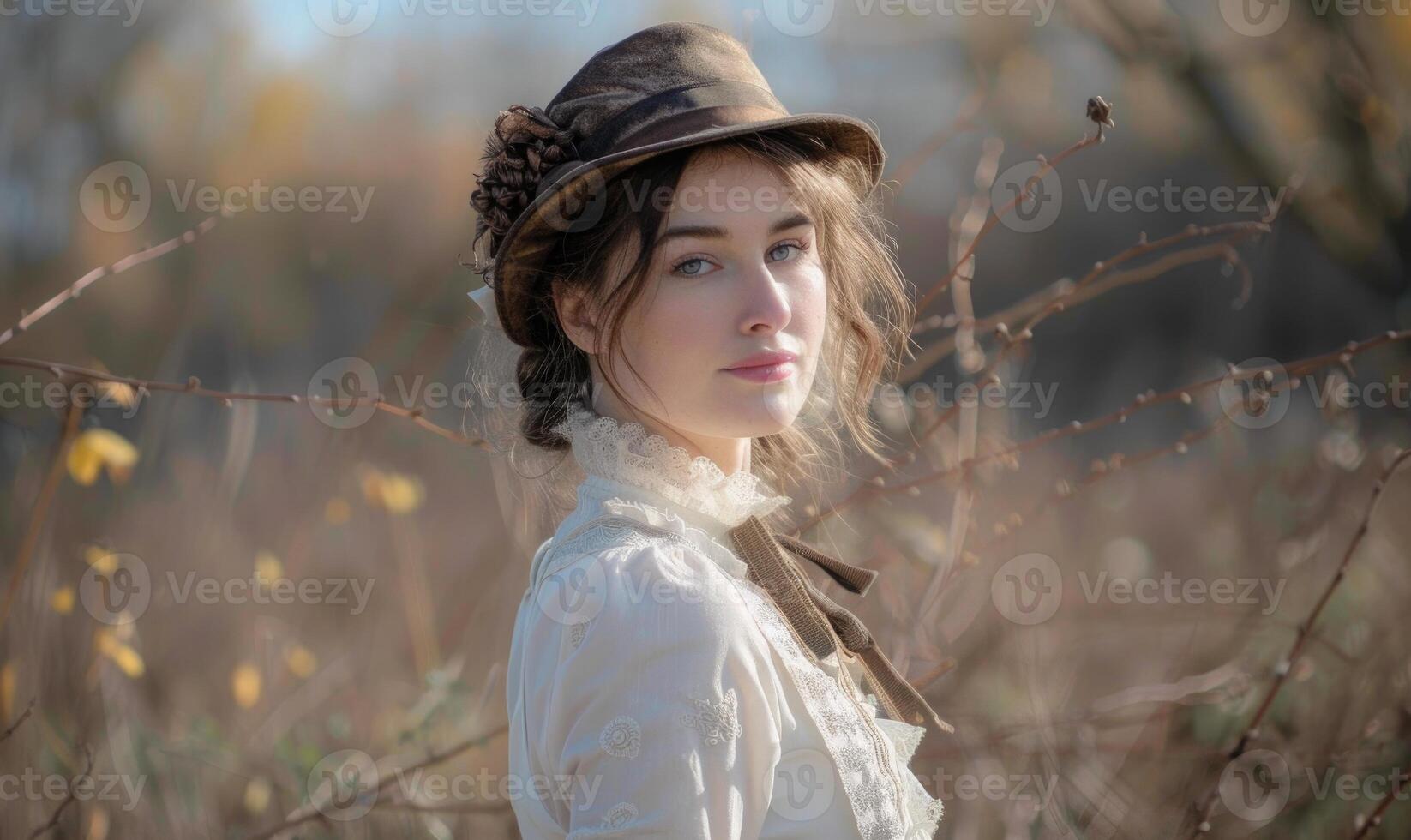 AI generated Portrait of a beautiful young woman in a hat and coat in the autumn park photo