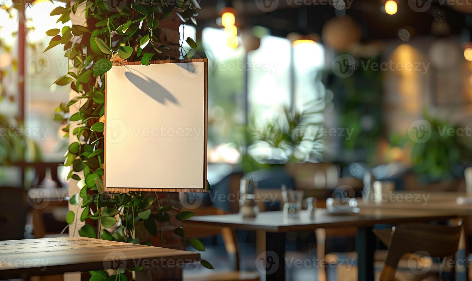 AI generated Blank photo frame on wooden table in cafe. Mockup for design