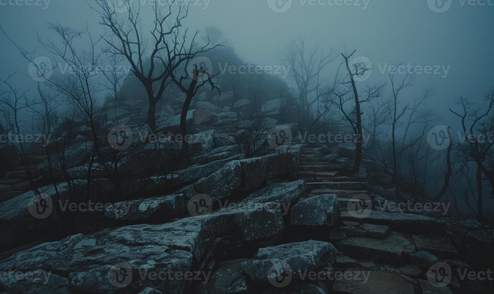 AI generated Foggy mountain landscape with rocks and trees in the mist. photo