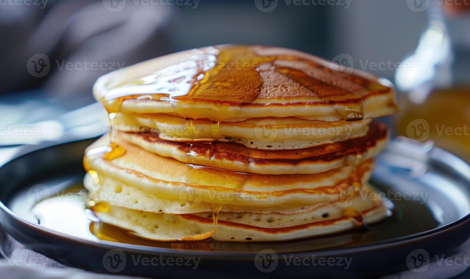 AI generated Pancakes with honey in a frying pan, close-up photo