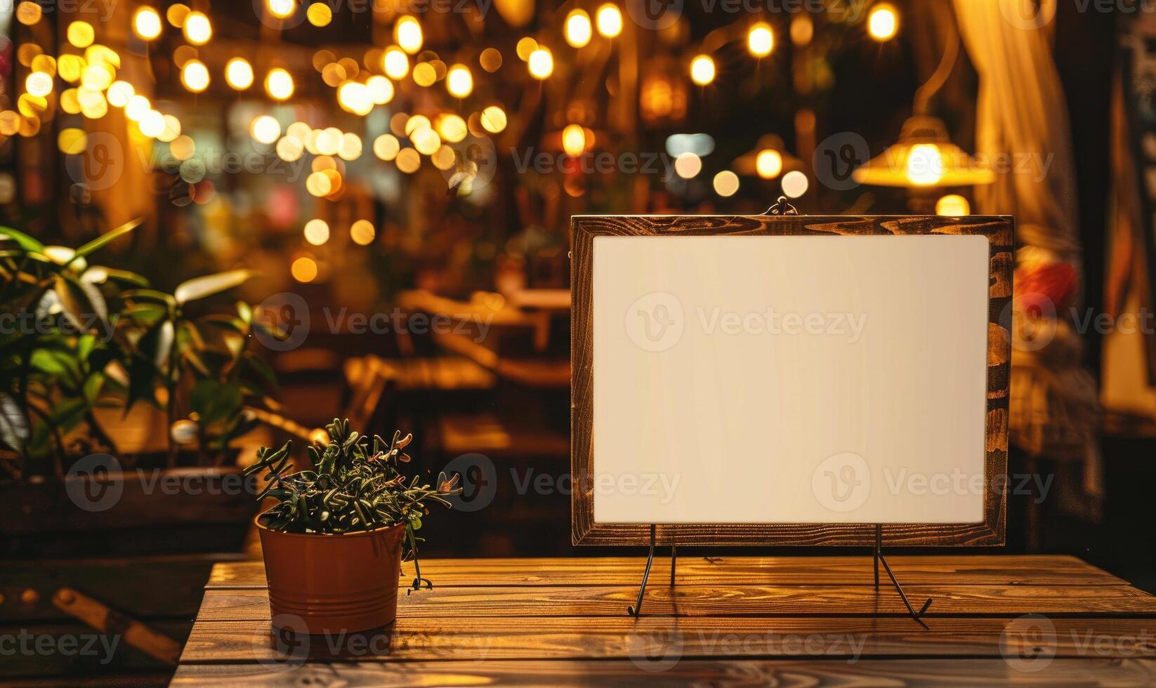 AI generated Empty wooden board on table in cafe, closeup. Space for text. Mock up for menu or design photo