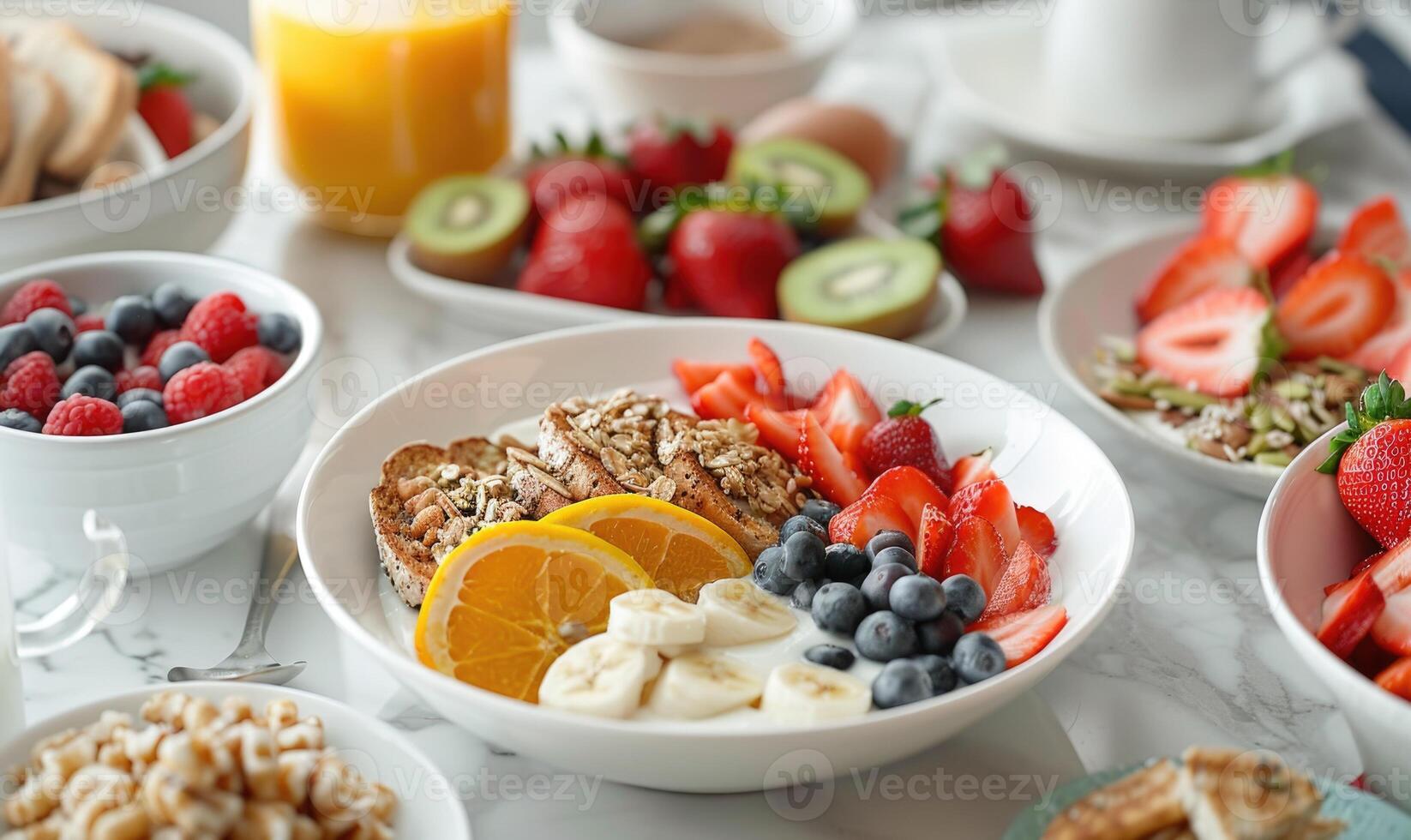 AI generated Healthy breakfast with granola, berries and fruits on white table photo