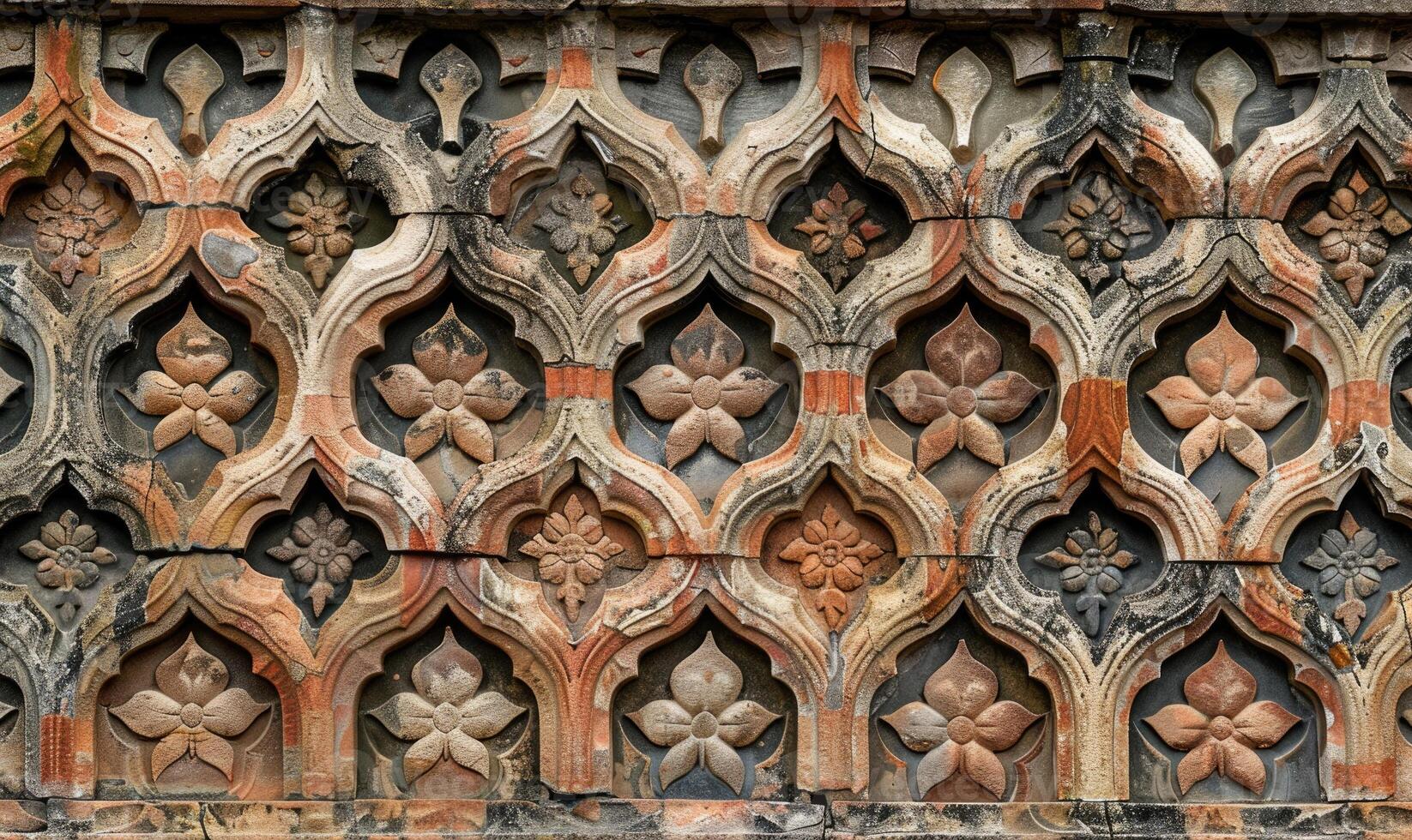 AI generated Fragment of the facade of an old brick building with a decorative ornament. photo