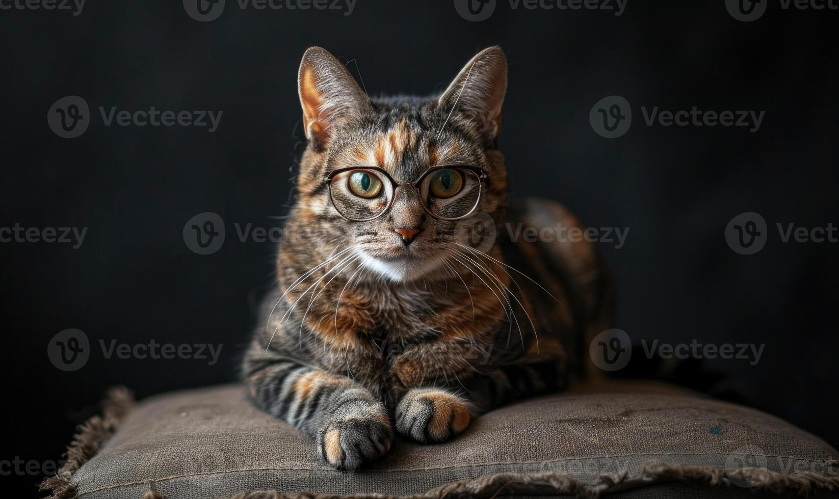 AI generated Portrait of a striped cat with glasses on a dark background. photo