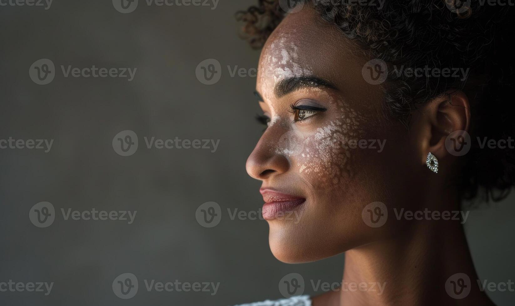 AI generated Portrait of a beautiful African American woman with curly hair and makeup photo