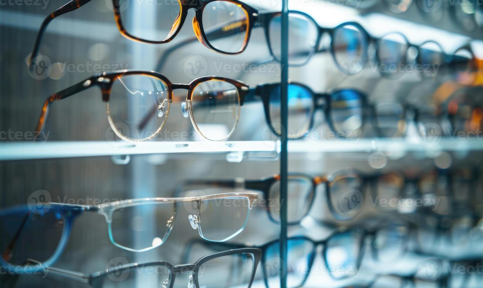 AI generated Glasses on display in a shop window. Selective focus. photo