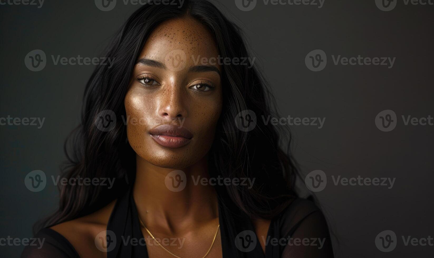 AI generated Portrait of a beautiful African American woman with curly hair and makeup photo