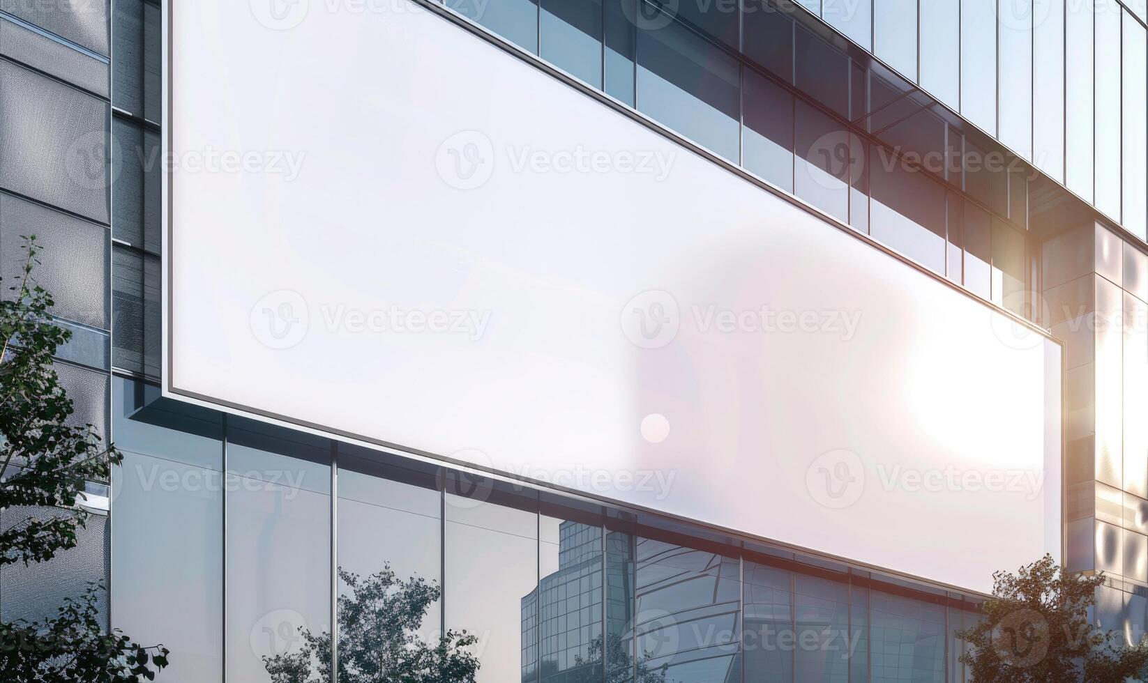 AI generated Blank screen banner mockup displayed on the modern building facade. Close Up view. photo