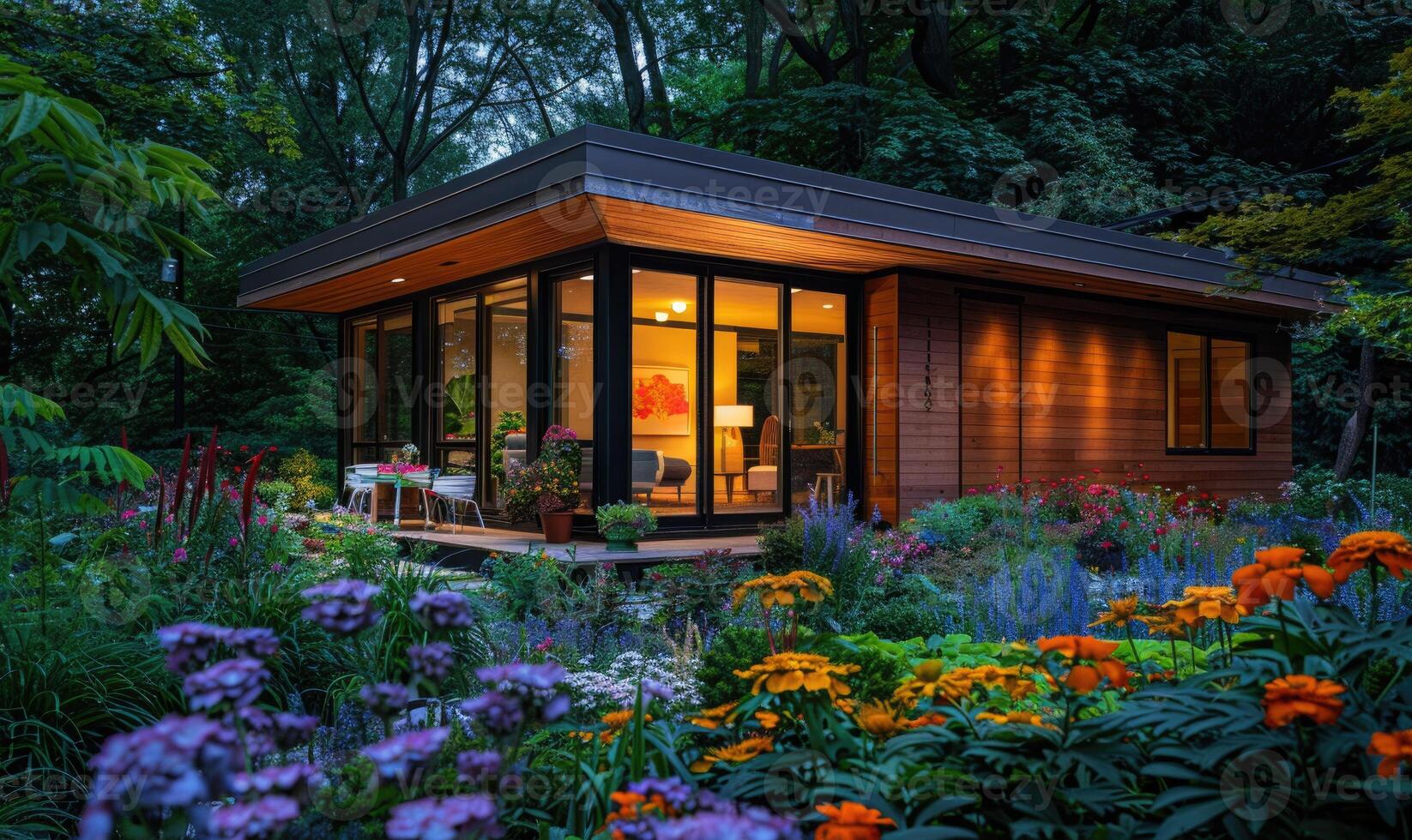 AI generated Twilight casting a warm glow on the exterior of a modern wooden cabin amidst the vibrant colors of a spring garden bursting with flowers and foliage photo