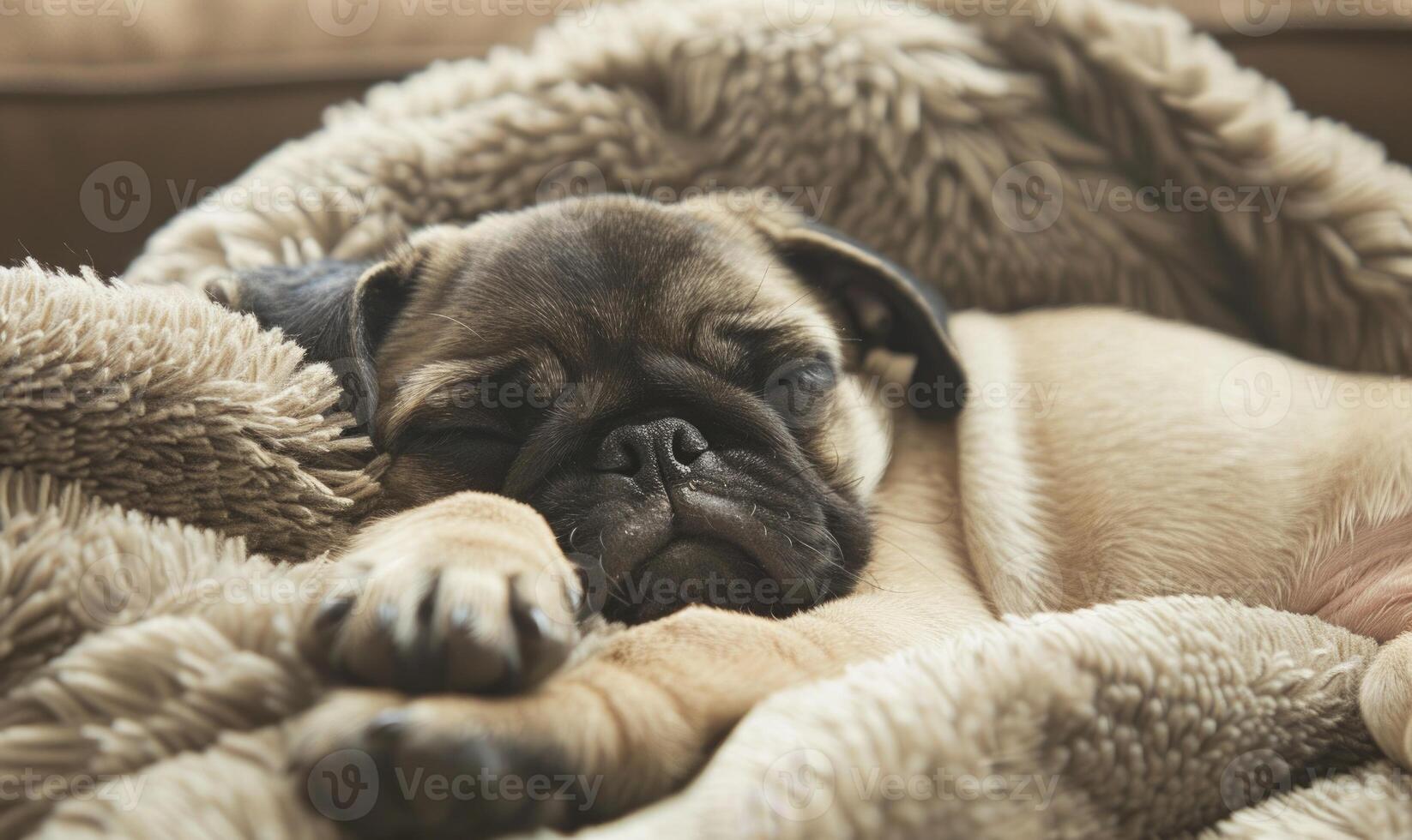 AI generated Sleepy pug puppy curled up in a soft bed photo