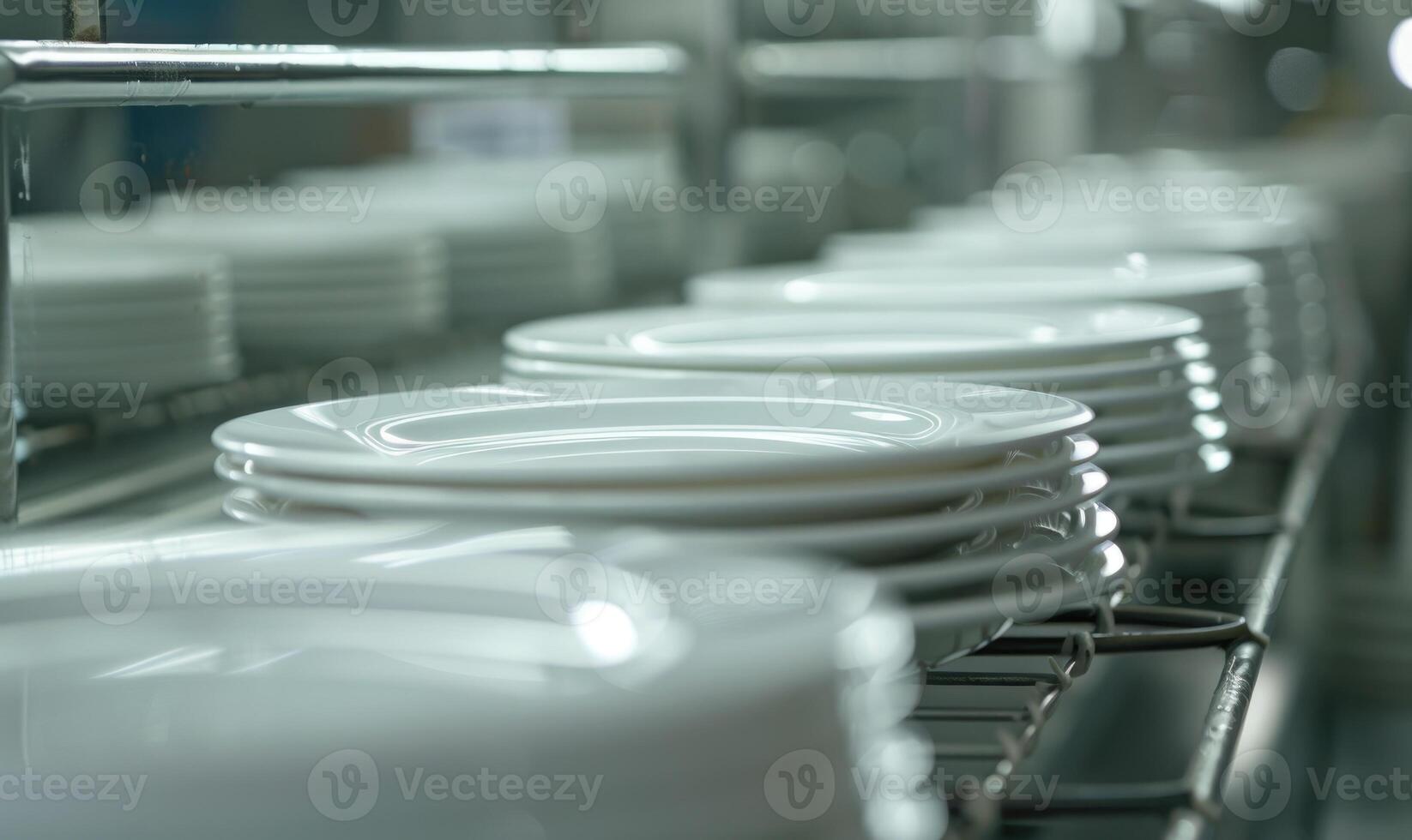 ai generado cerca arriba de limpiar blanco platos en un fila en un comida fábrica foto