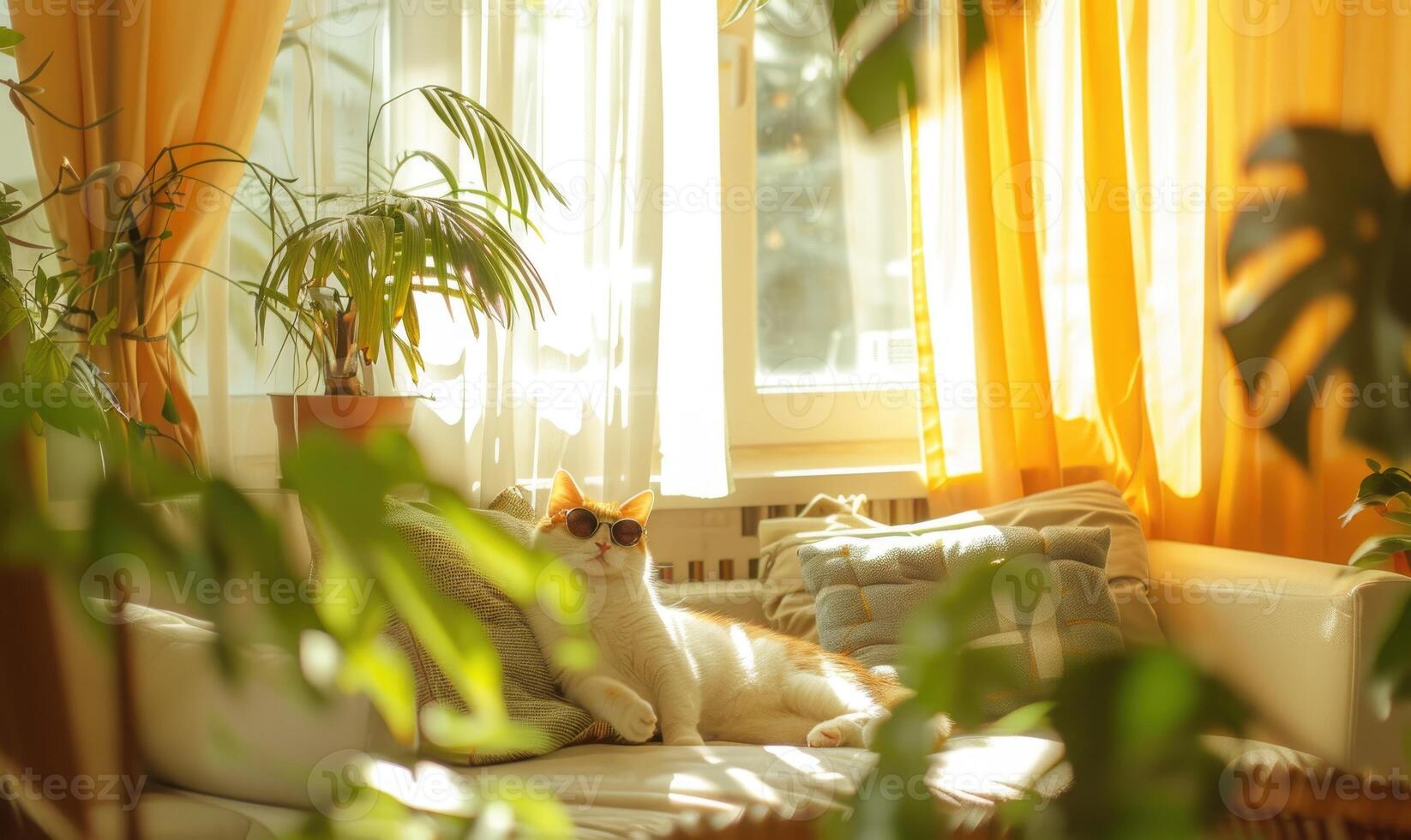 AI generated Cat resting on bed in room with green plants. Cozy home photo