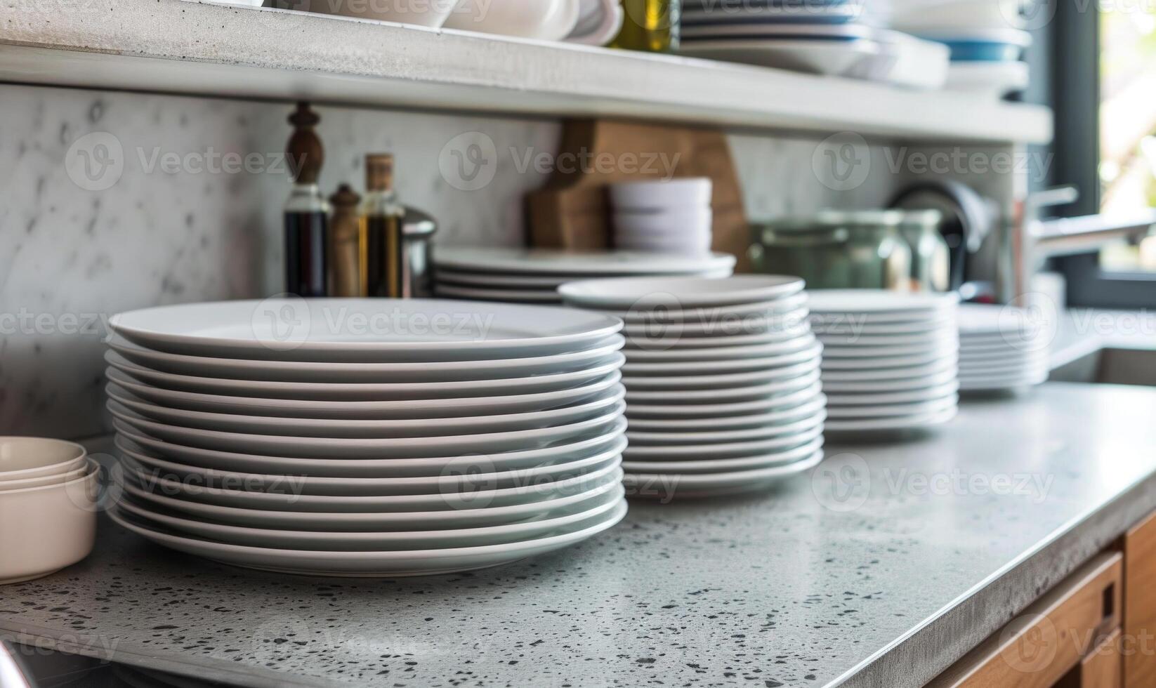 AI generated Closeup of clean plates on countertop in modern kitchen at home photo