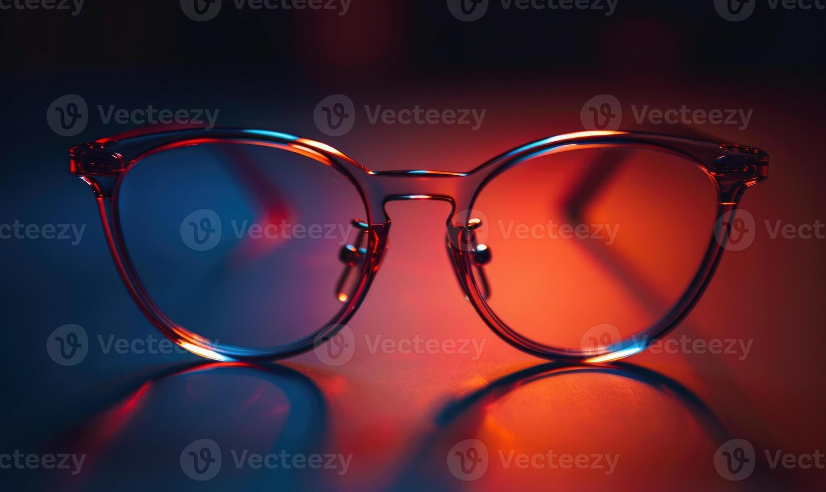AI generated eyeglasses on the table in the red and blue light photo