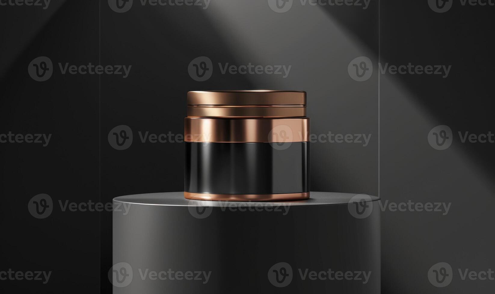 AI generated Mockup of golden cylinder on black background. Luxury podium for product presentation. photo