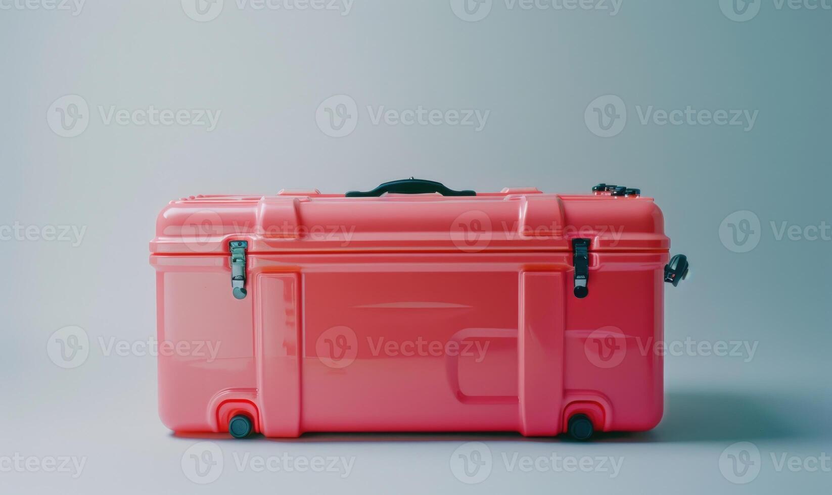AI generated Red plastic travel suitcase isolated on white background. Retro style toned photo