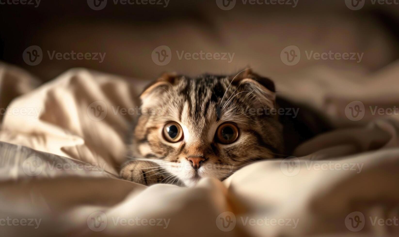 AI generated Cute scottish fold kitten lying on the bed at home photo