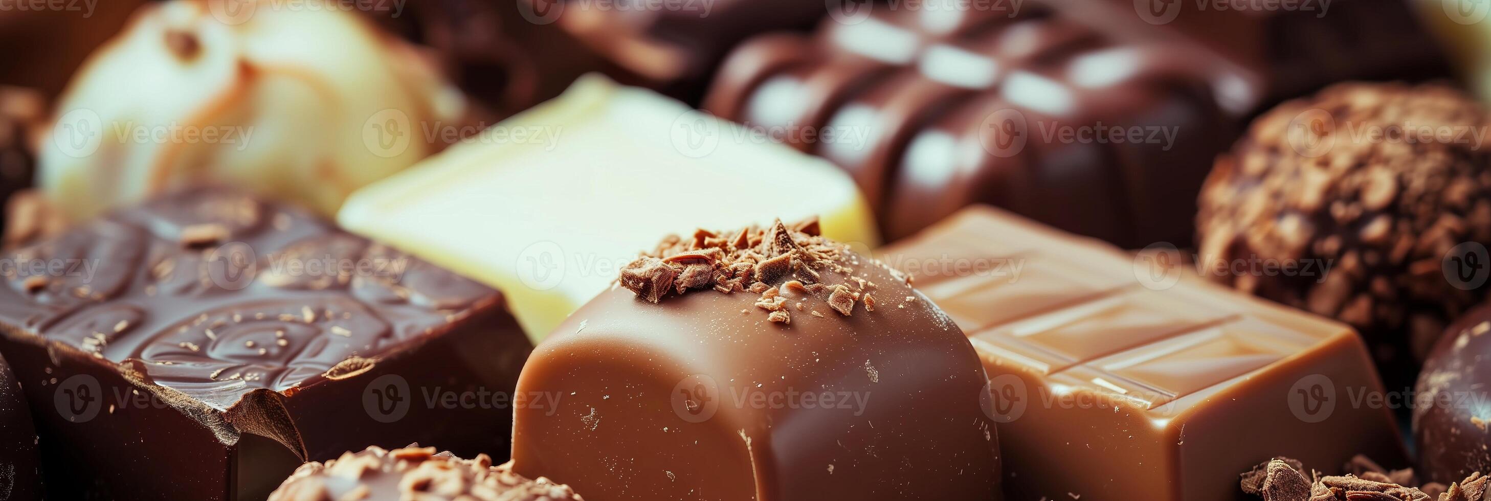 AI Generated Banner with chocolates of different types and flavors close-up photo