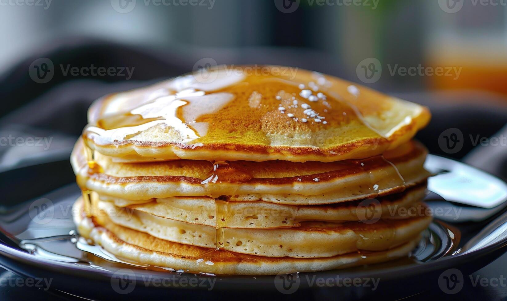 AI generated Pancakes with maple syrup and honey. Shallow dof. photo