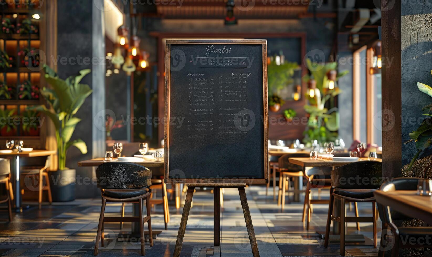 AI generated Empty wooden signboard on a wooden table in a cafe or restaurant photo