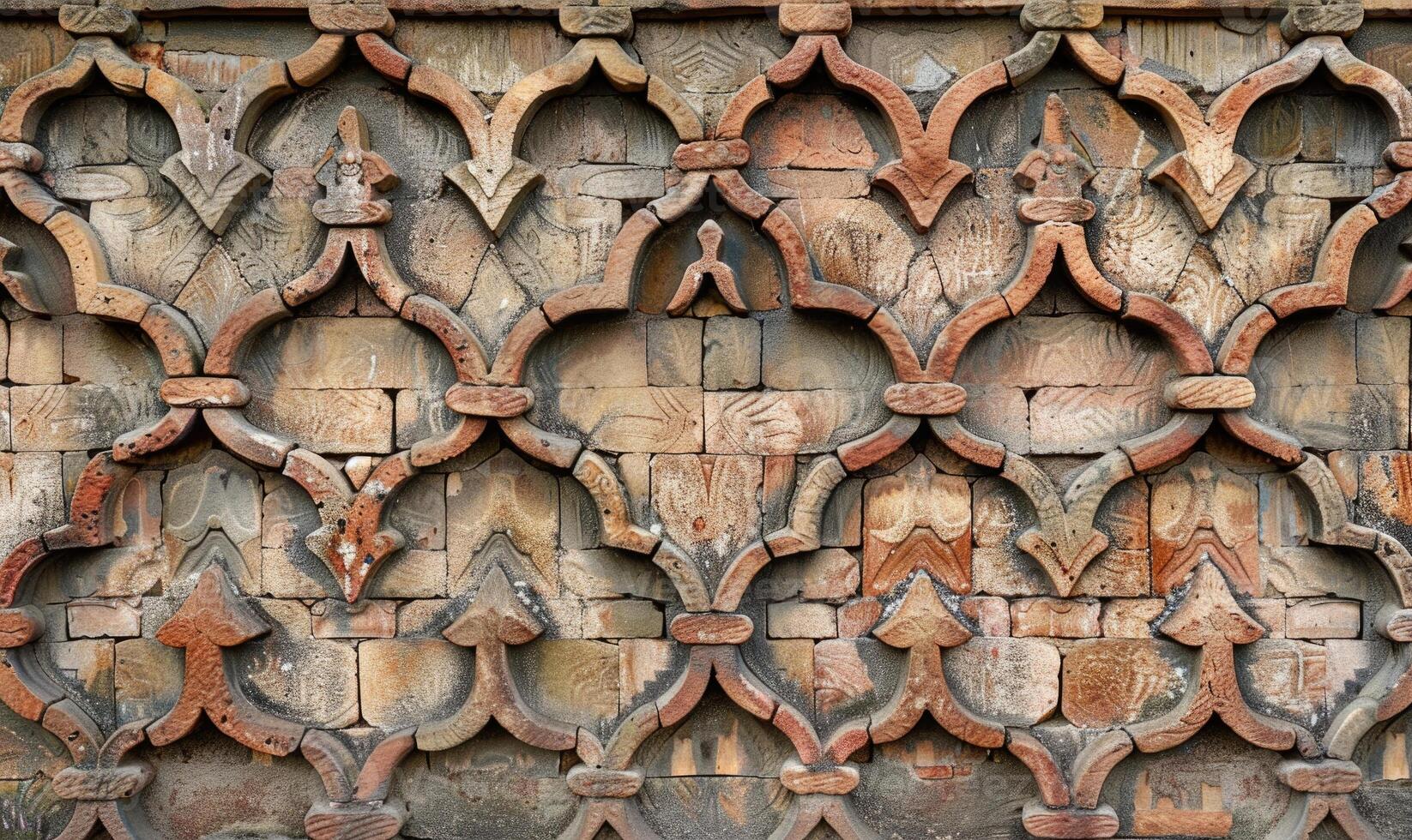 ai generado fragmento de el fachada de un antiguo ladrillo edificio con un decorativo ornamento. foto