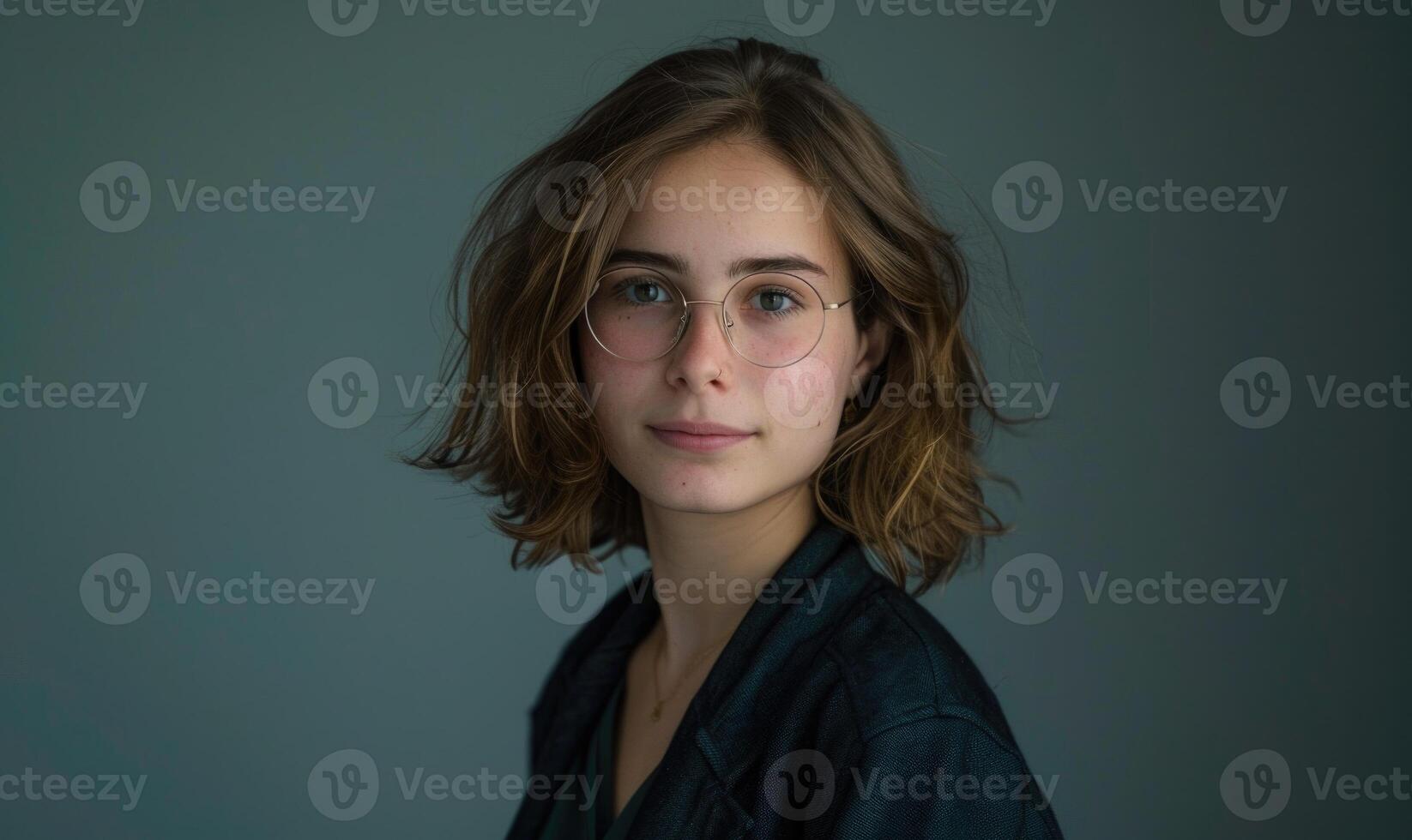 AI generated Portrait of a young beautiful woman in glasses on a gray background. photo