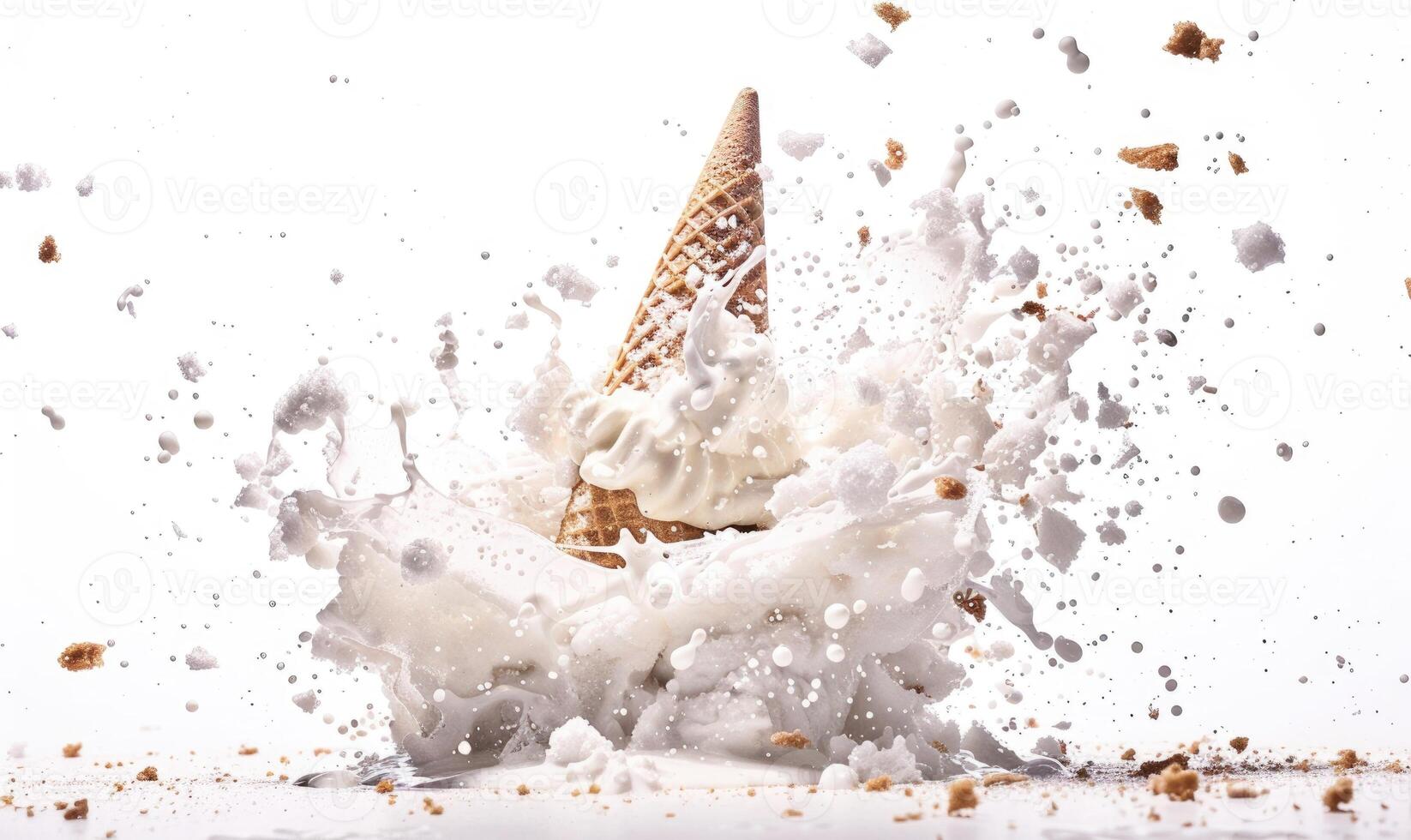 AI generated Ice cream cone explosion on white background photo