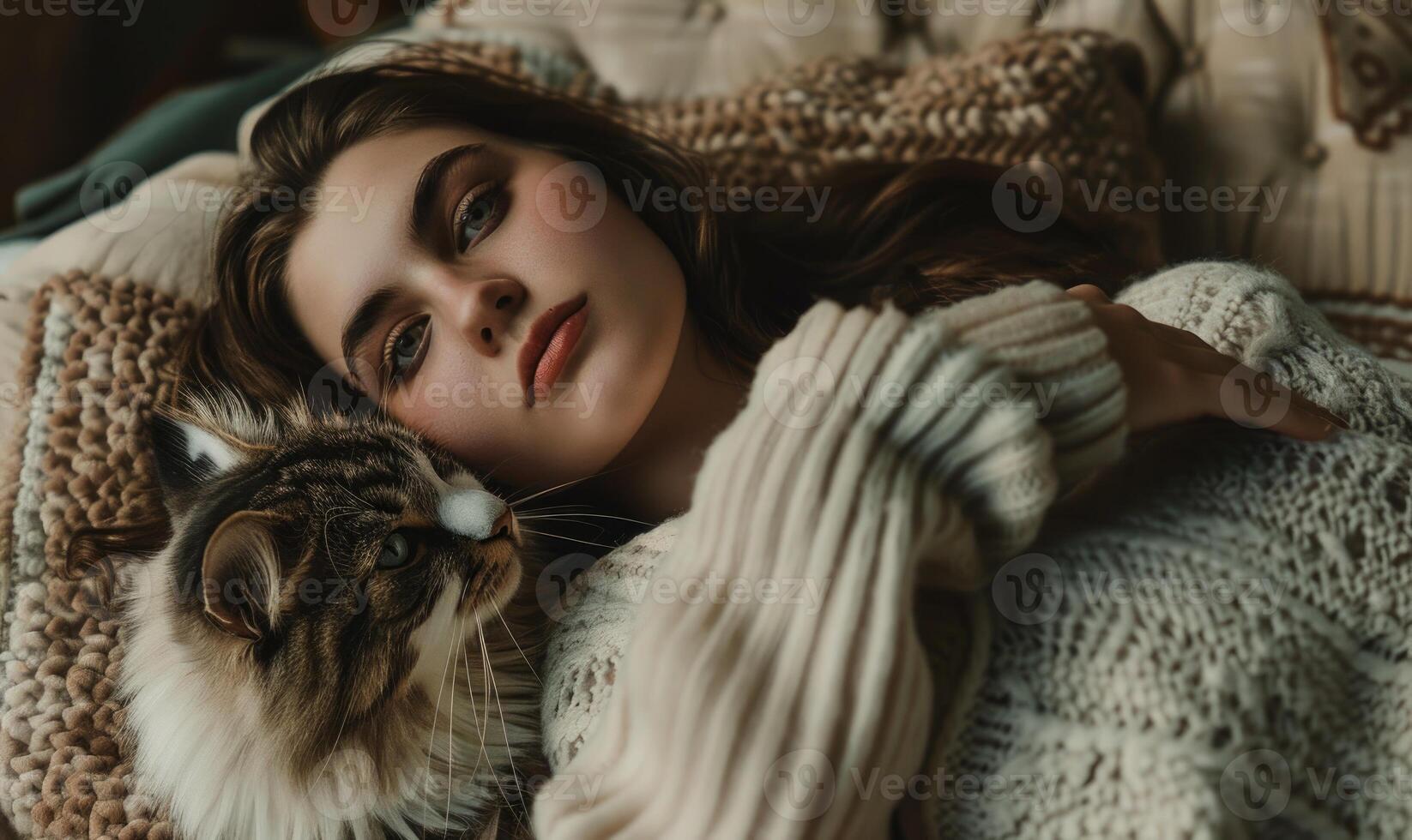 AI generated Beautiful young woman with a cat in her arms lying on the sofa. photo