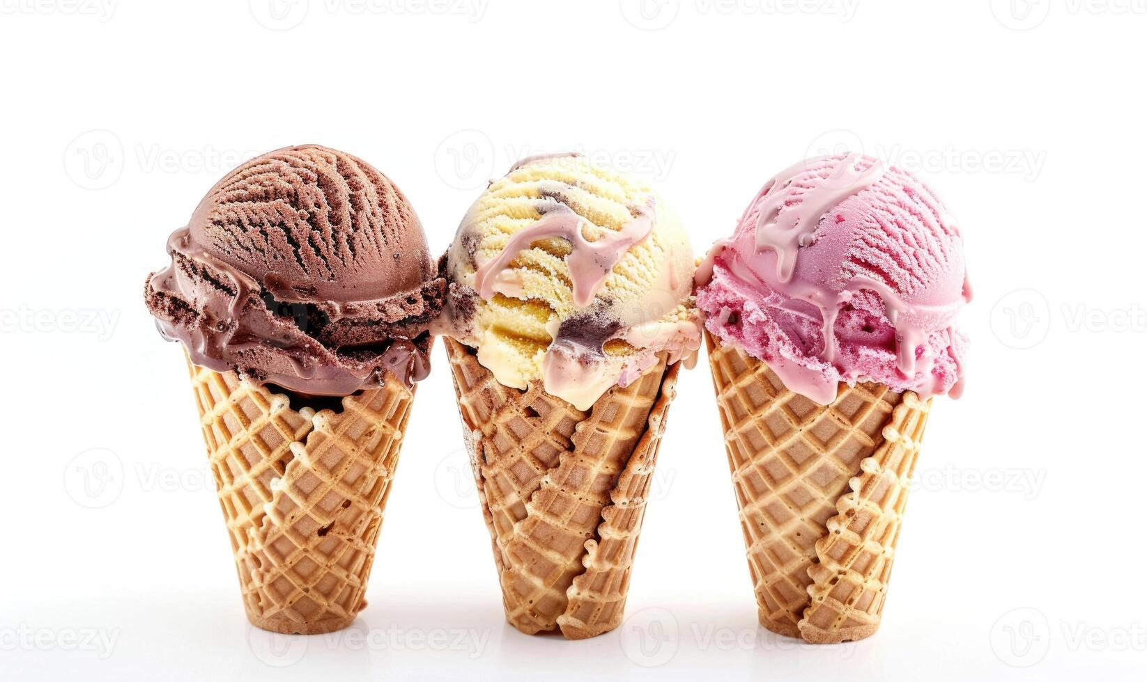 AI generated Neapolitan ice cream cones on white background photo